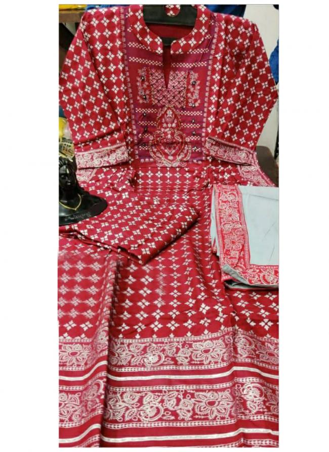 Rayon Red Traditional Wear Printed Readymade Kurti Set